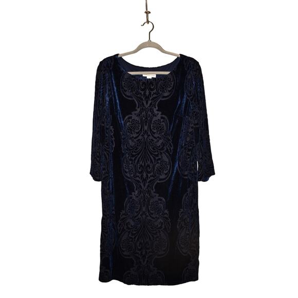 COLDWATER CREEK $129 Blue Velvet Midi Dress Embossed Baroque 3/4 Sleeve XL - Picture 1 of 4